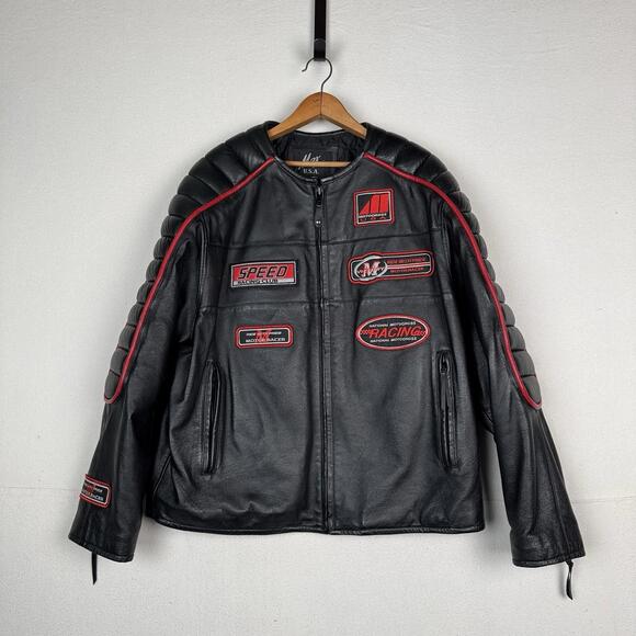 Max USA Men's Motor-cross‎ Black Italian Leather Jacket XL X-Large Patches